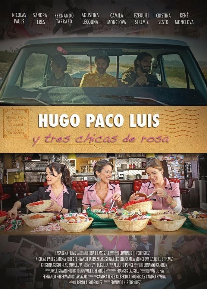 Hugo, Paco, Luis y tres chicas de rosa